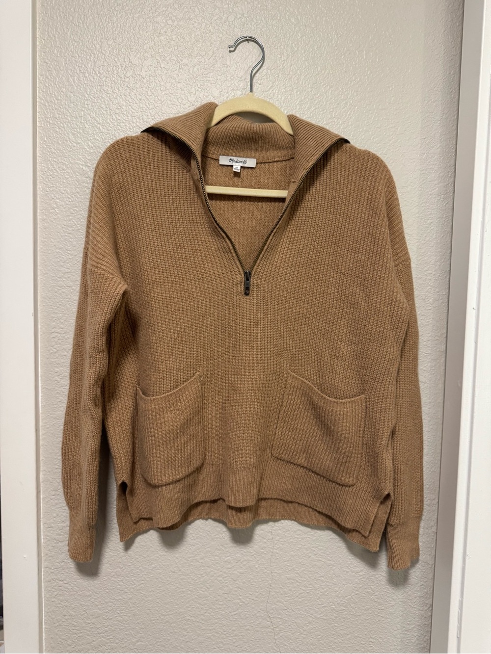 Madewell Men's Zip-Neck Pocket Sweater in Camel Brown